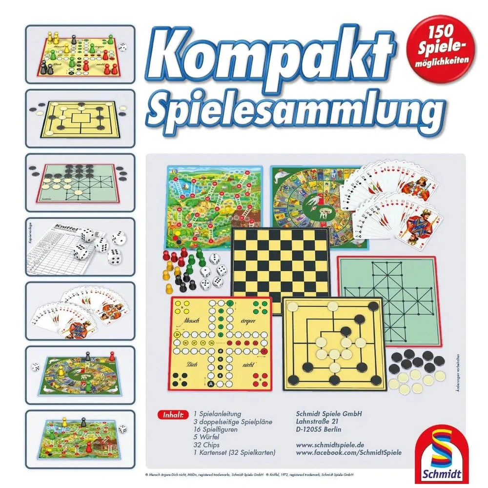 Schmidt Spiele Compact Game Collection features colorful illustrations of various board games on a white background.