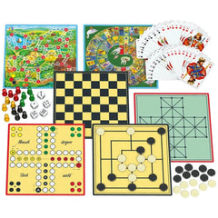 Schmidt Spiele Compact Game Collection showcases colorful board games with various game pieces like dice and cards on a flat 