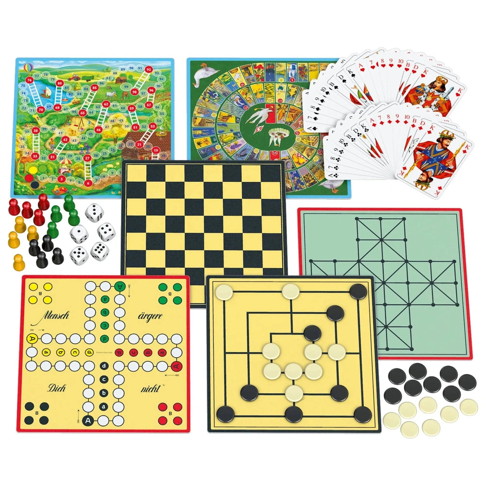 Schmidt Spiele Compact Game Collection features a variety of colorful board games, cards, dice, and game pieces on a light su