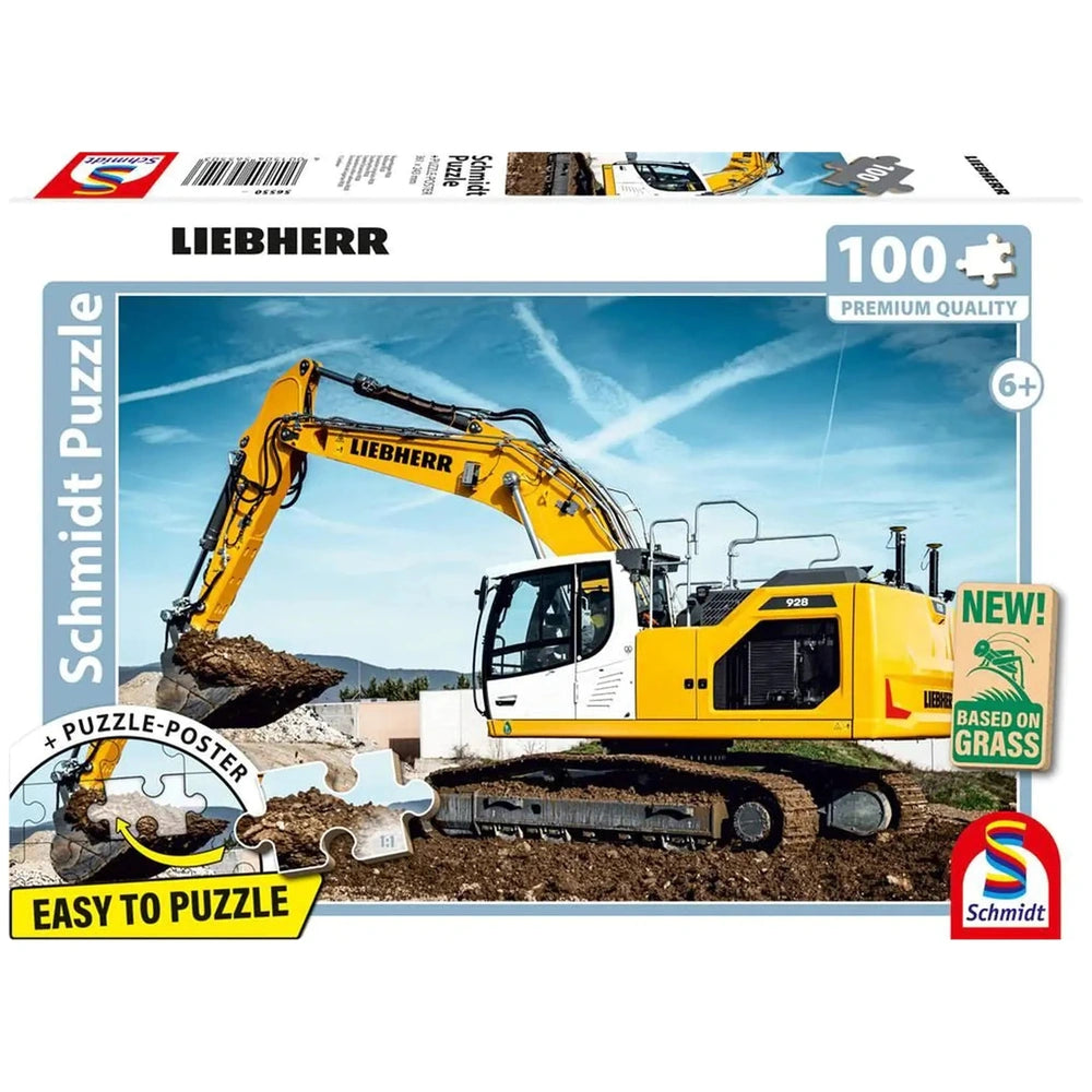 Liebherr crawler excavator puzzle packaging features a yellow and white construction vehicle set against a blue sky backgroun
