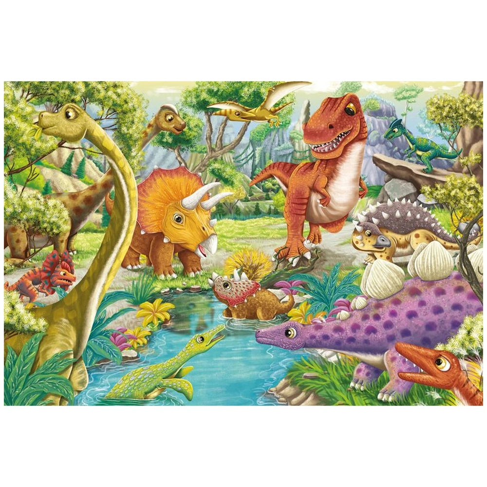 Dinosaur Fun puzzles feature vibrant cartoon dinosaurs in a lush prehistoric scene with water and greenery.