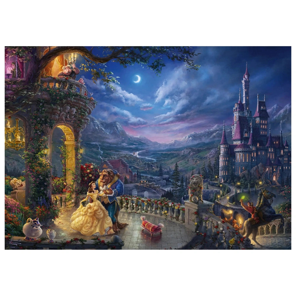 Schmidt Spiele's puzzle features a couple dancing in front of a moonlit castle, surrounded by vibrant foliage and flowers.