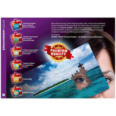 Schmidt Spiele Disney Jungle Book puzzle pieces in blue and white cover a woman's face against a clear blue sky.