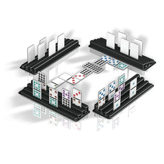 Black dominoes with white pips arranged in a pattern on a reflective surface.