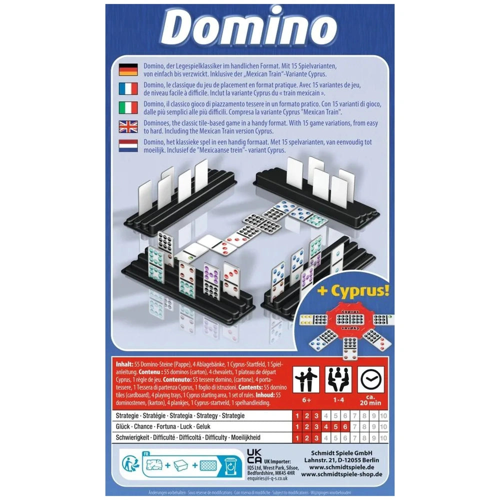 Schmidt Spiele Domino board game features a glossy blue board with colorful pieces and cards arranged for gameplay.