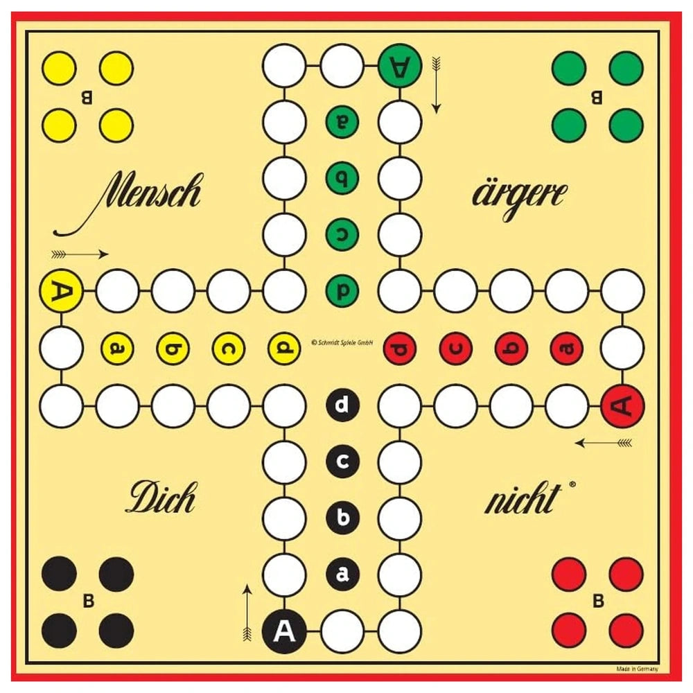 Schmidt Spiele's Don't Get Angry board game features a yellow grid with colorful circles and letters arranged strategically.