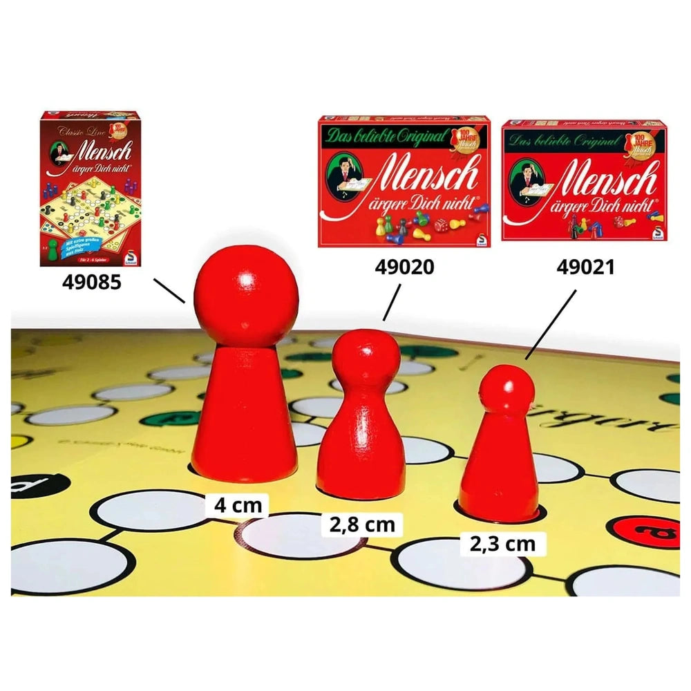 Schmidt Spiele's Don't Get Angry features red toy figures arranged on a yellow grid-patterned surface, resembling a game setu