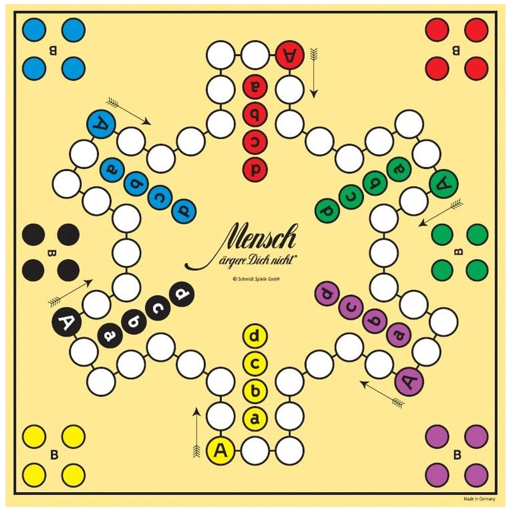 Schmidt Spiele's Don't Get Angry board game features a light yellow board with hexagonal central structure and colorful game 