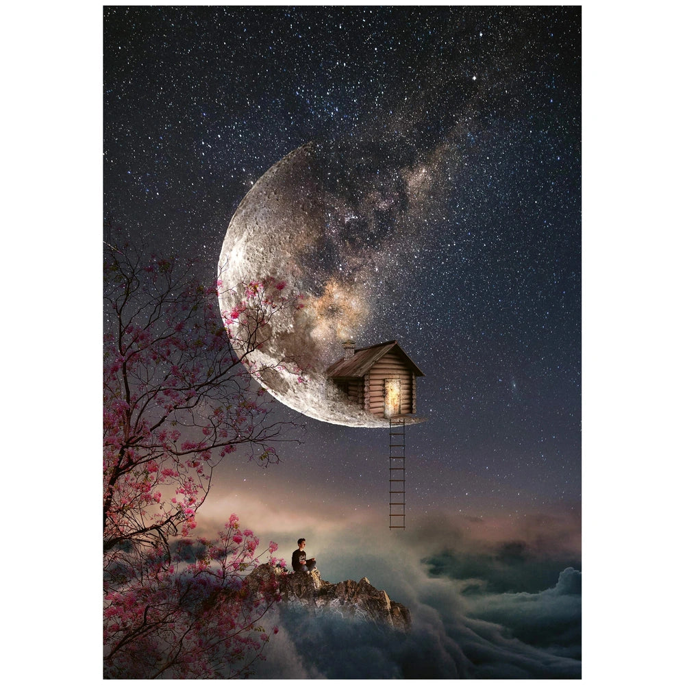 Schmidt Spiele Dream Whispers puzzle features a surreal nighttime scene with a person on a rocky outcropping overlooking the 
