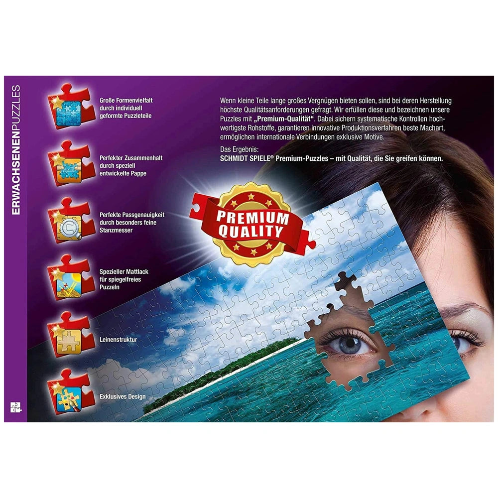 Schmidt Spiele Dream Whispers puzzle showcases a woman's face peering through colorful jigsaw pieces against a blue sky.