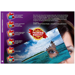 Schmidt Spiele Dream Whispers puzzle showcases a woman's face peering through colorful jigsaw pieces against a blue sky.