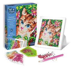Sentosphere Art Creations Diamond Canvas Kit includes components for a cross-stitch cat picture with colorful beads and a fra