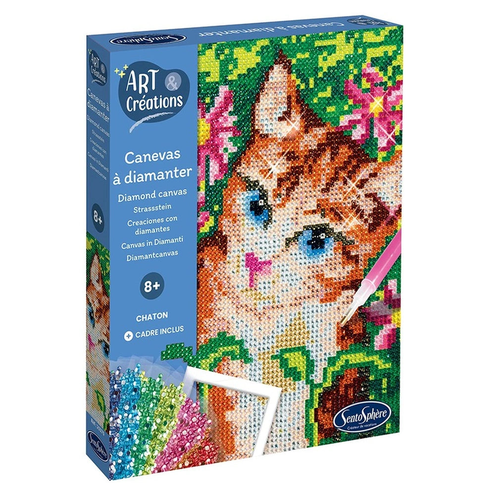 Sentosphere Diamond Canvas Kit features a colorful cat design on a canvas, showcased through a clear plastic window.