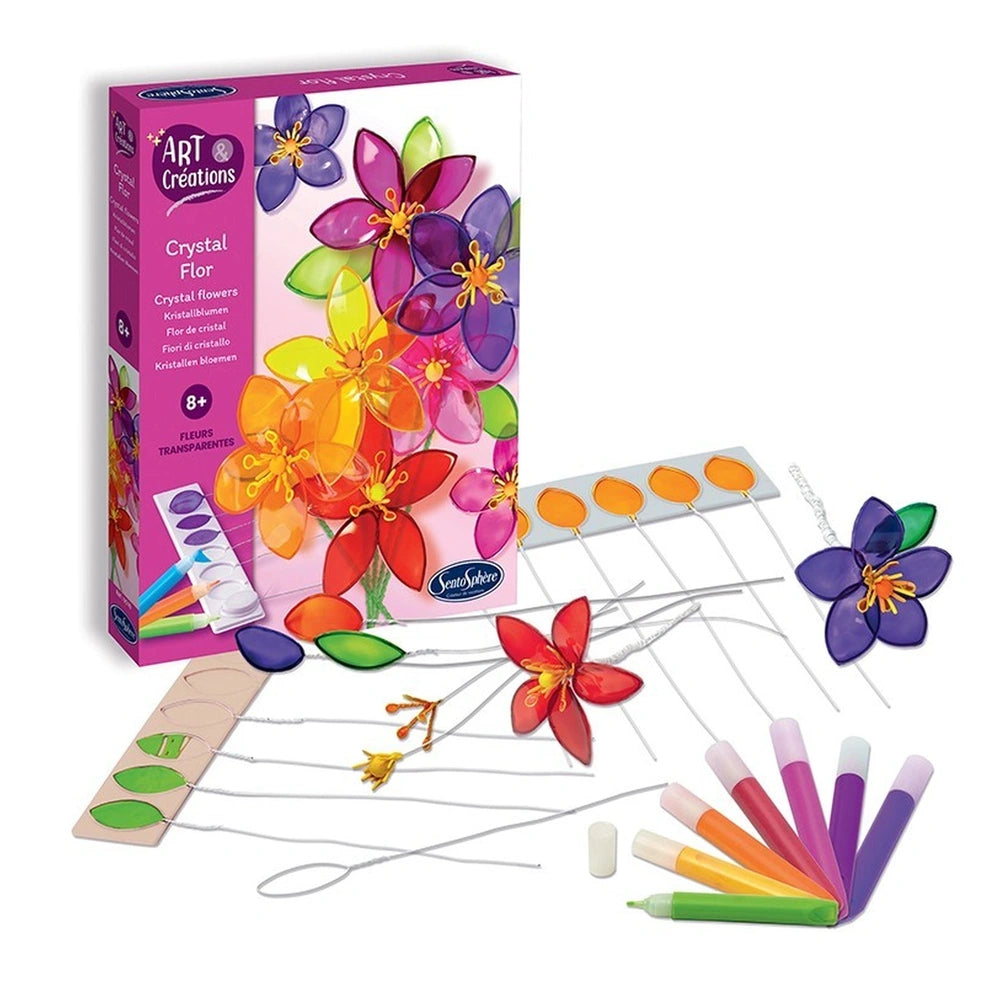 Sentosphere Crystal Flor craft kit packaging features vibrant flowers illustration, with a pink and purple design and clear w
