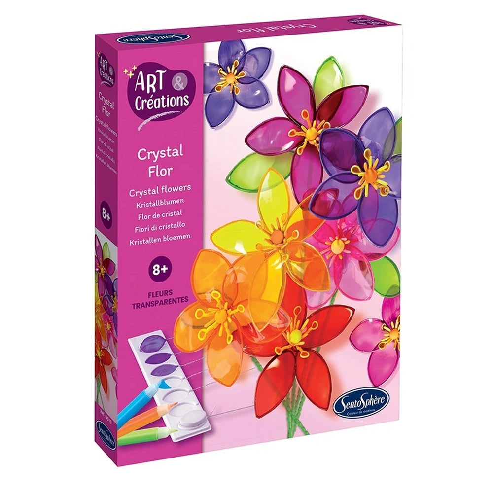 Crystal Flower crafting kit in a pink box features transparent sheets with colorful flowers and leaves.