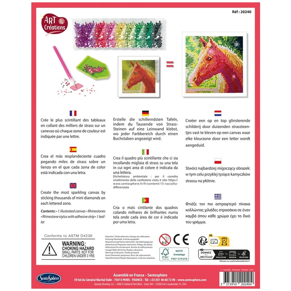 Sentosphere Diamond Canvas Horse label features vibrant colors, a pink paintbrush, a green palette, and a small horse image.