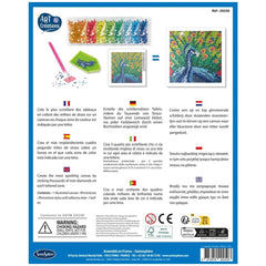 Sentosphere Diamond Canvas Peacock features a colorful label with art tools and a vibrant bird painting, including safety sym