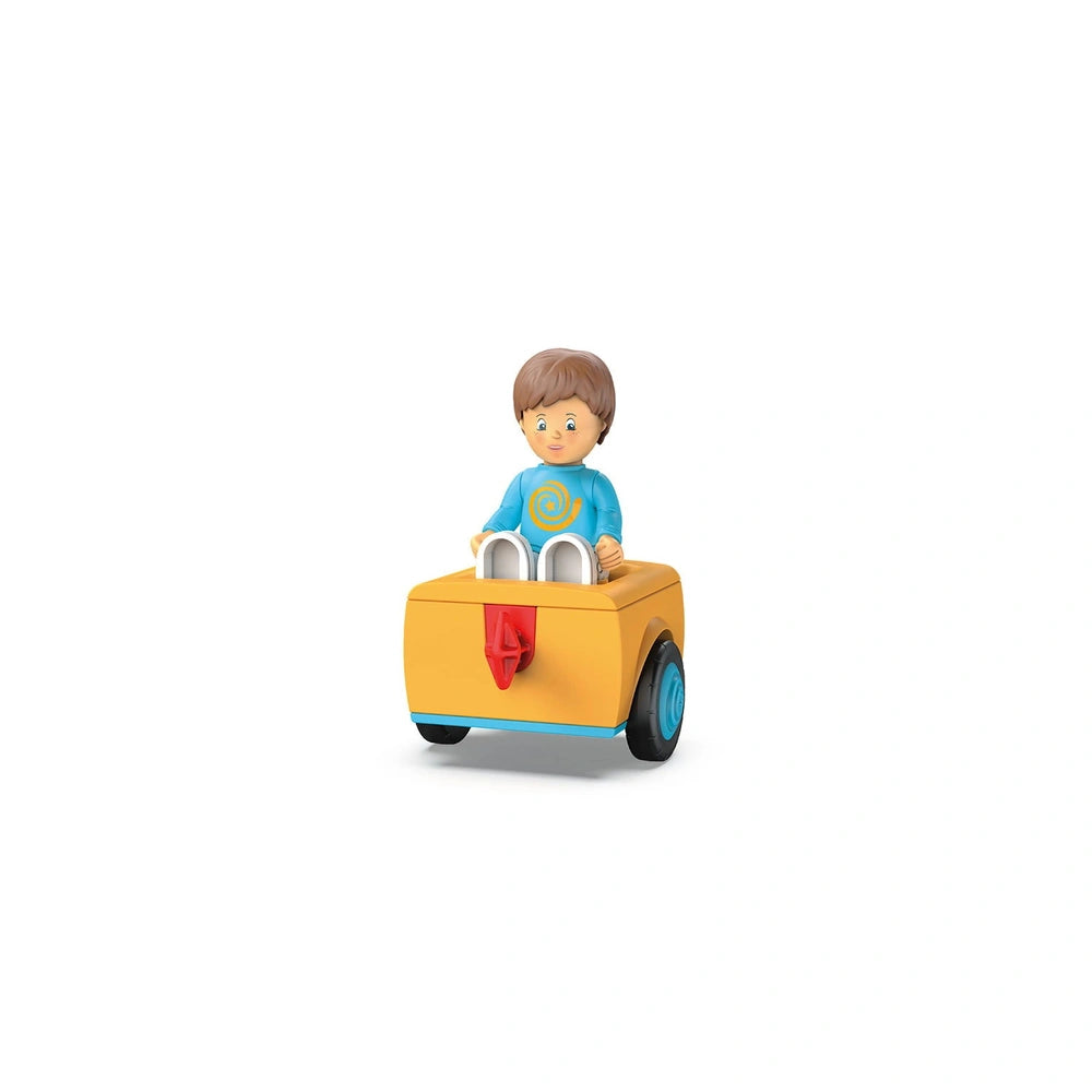 Siku Adam Addy Toddys construction set features a yellow toy car with a child figure in a blue shirt and a red flag.