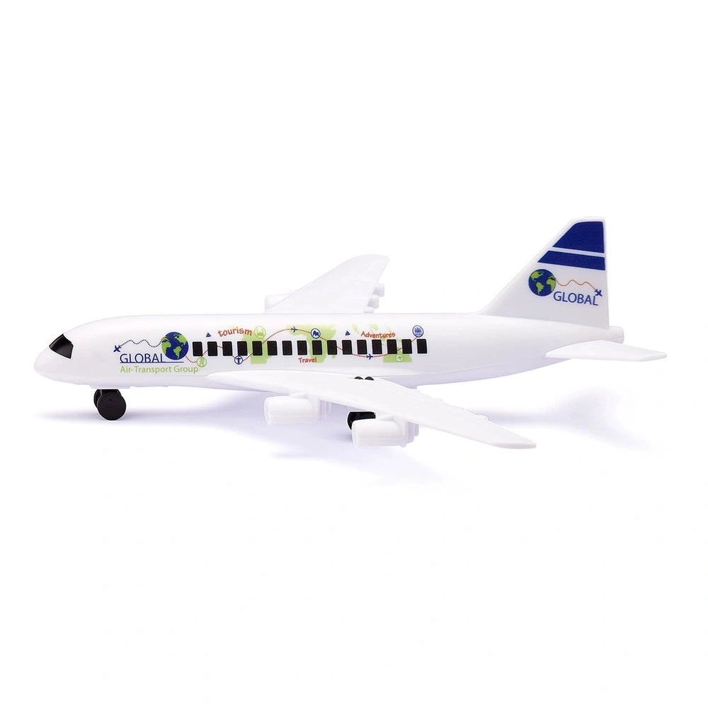 Model airplane from Siku's airport set features a glossy white body with blue and green accents and "GLOBAL AIR TRANSPORT GRO