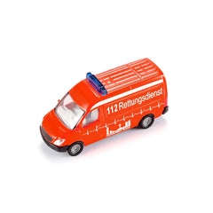 Siku ambulance toy vehicle in orange with white and red accents, featuring a heartbeat monitor and "112 Rettungsdienst" text.