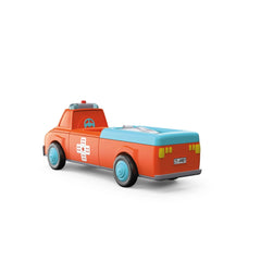 Toy ambulance with a bright orange body, blue roof, and black wheels featuring a white cross symbol on the side.