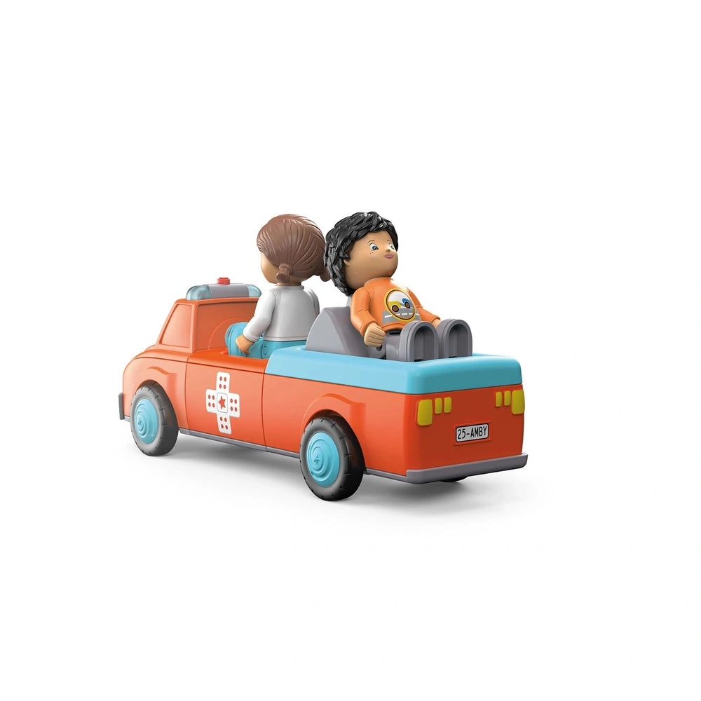 Siku Anna Amby toy car in orange and blue with two stylized figures, one facing forward and one backward, displays "25-AMBY."