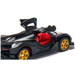 Siku Apollo IE toy car features a glossy black body, red interior, and yellow and black wheels with a five-pointed star desig