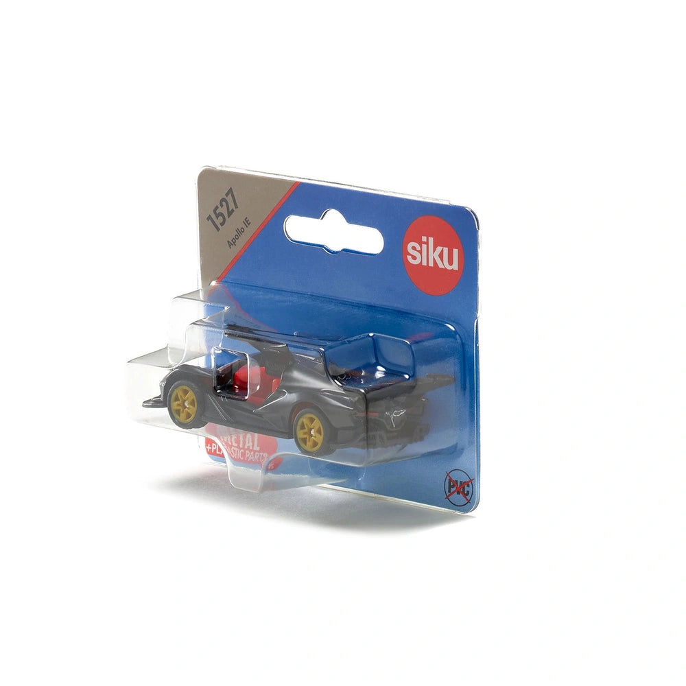 Siku Apollo IE toy car in black with yellow wheels, displayed in a blue package with red and white accents.