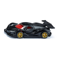 Black toy car with a red interior and yellow wheels, featuring a glossy finish and streamlined design against a white backgro