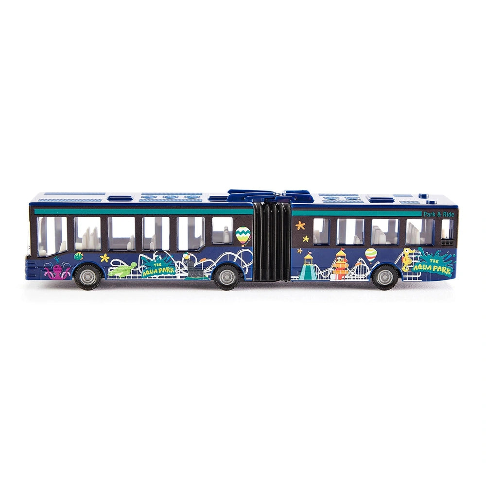 Articulated bus toy features a vibrant blue design with amusement park attractions and "Park & Ride" text on its side.
