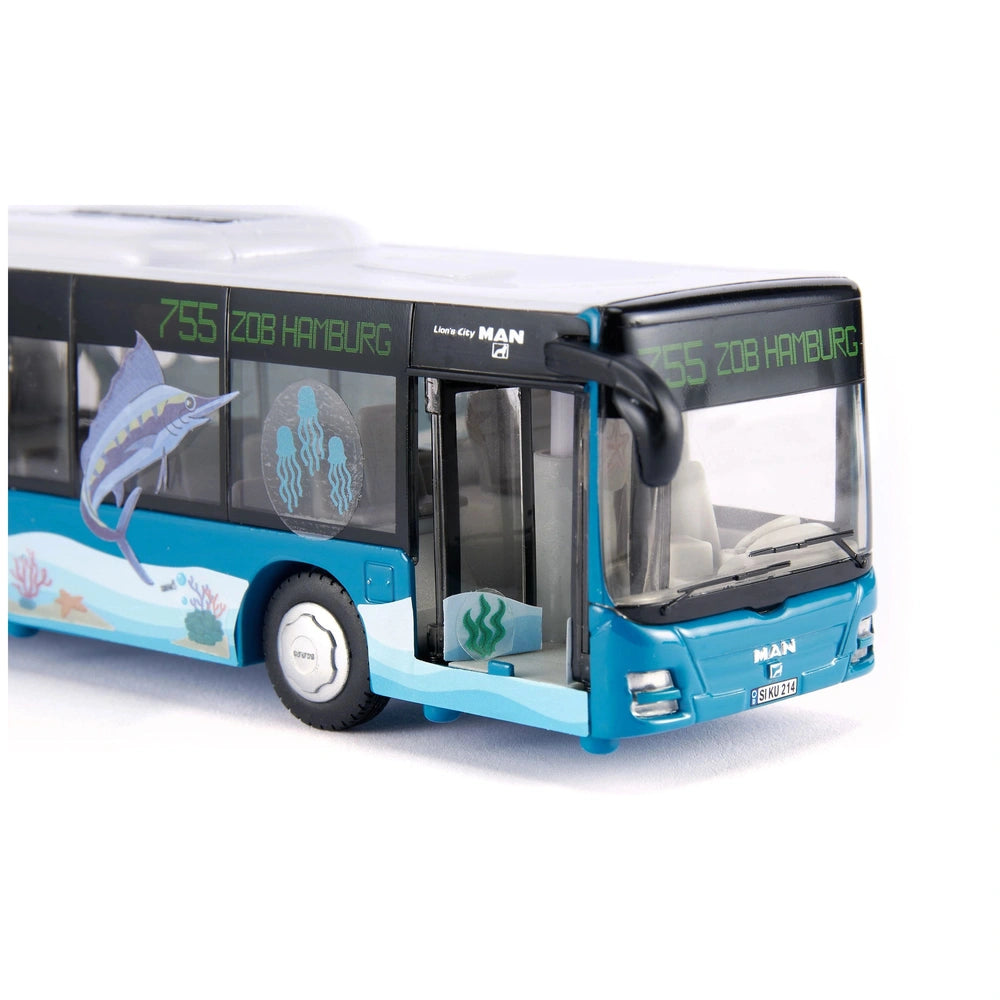 Articulated bus model in vibrant blue with white and black accents, featuring detailed components and decorative fish decals.