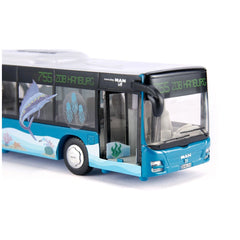 Articulated bus model in vibrant blue with white and black accents, featuring detailed components and decorative fish decals.
