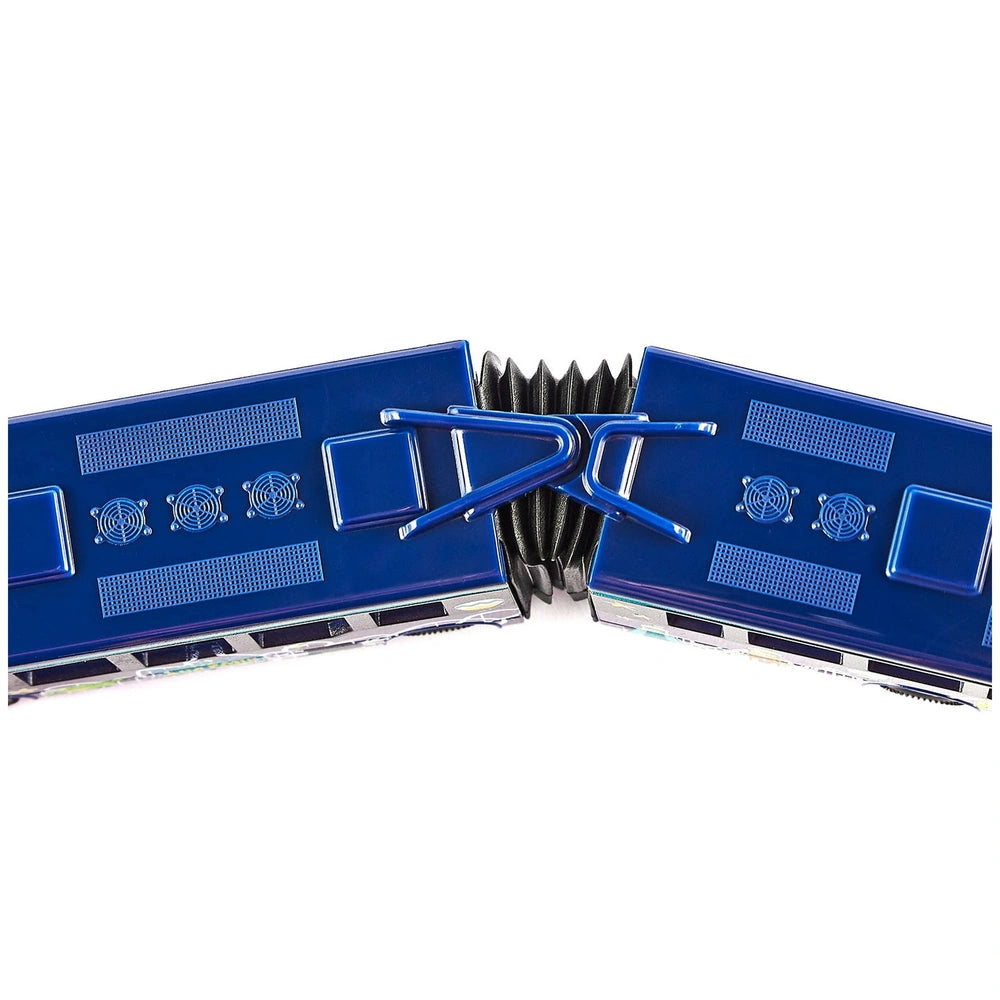 Articulated bus toy in blue with metallic components, featuring smooth surfaces and a reflective finish against a white backg