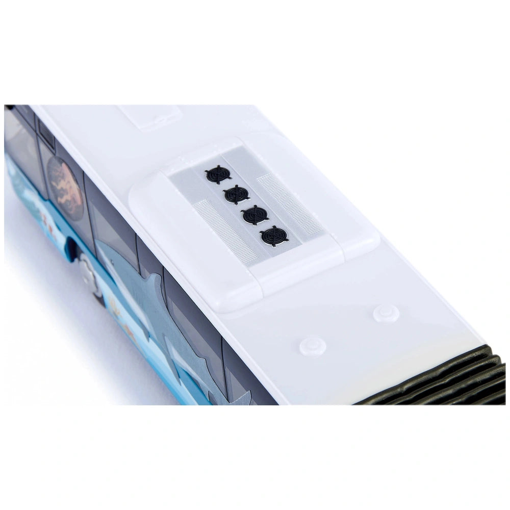 Articulated bus toy featuring a smooth white surface with blue and black patterns, designed for play vehicles.