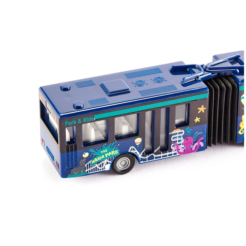 Colorful articulated bus model in blue with green and yellow accents, featuring playful designs and "Park & Ride" text.