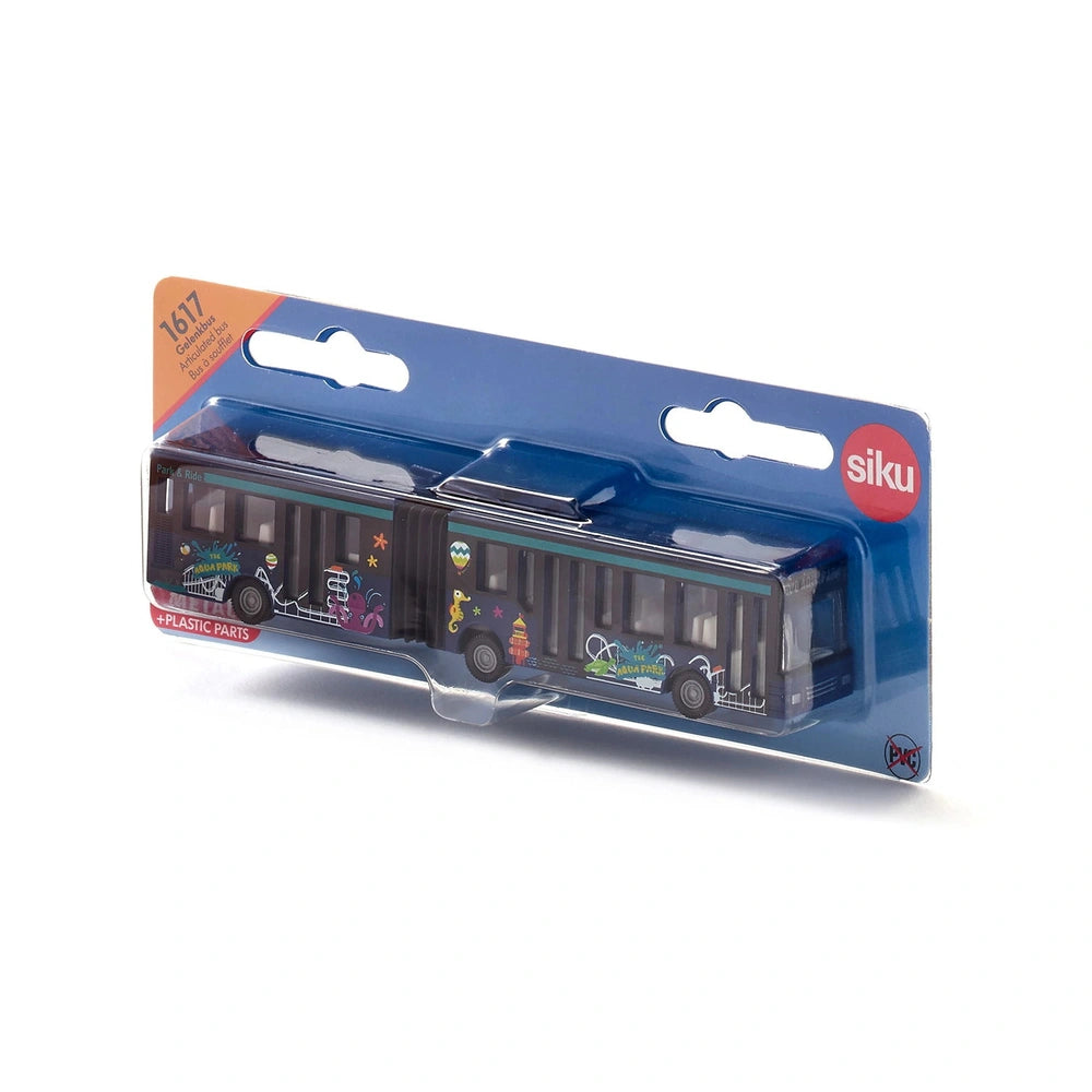Articulated toy bus in colorful design displayed in glossy blue packaging with a clear plastic window and Siku branding.