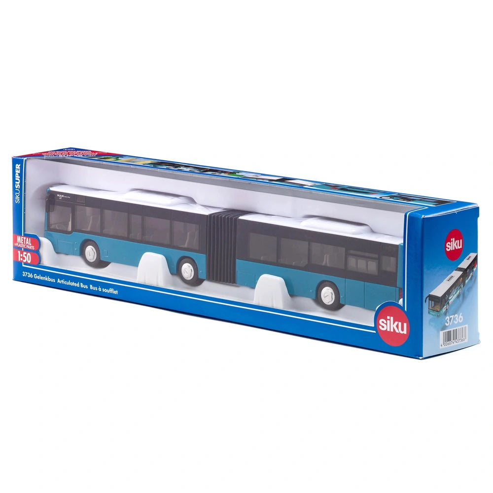 Articulated toy bus in blue with white and black accents, displayed in clear packaging featuring SIKU branding.