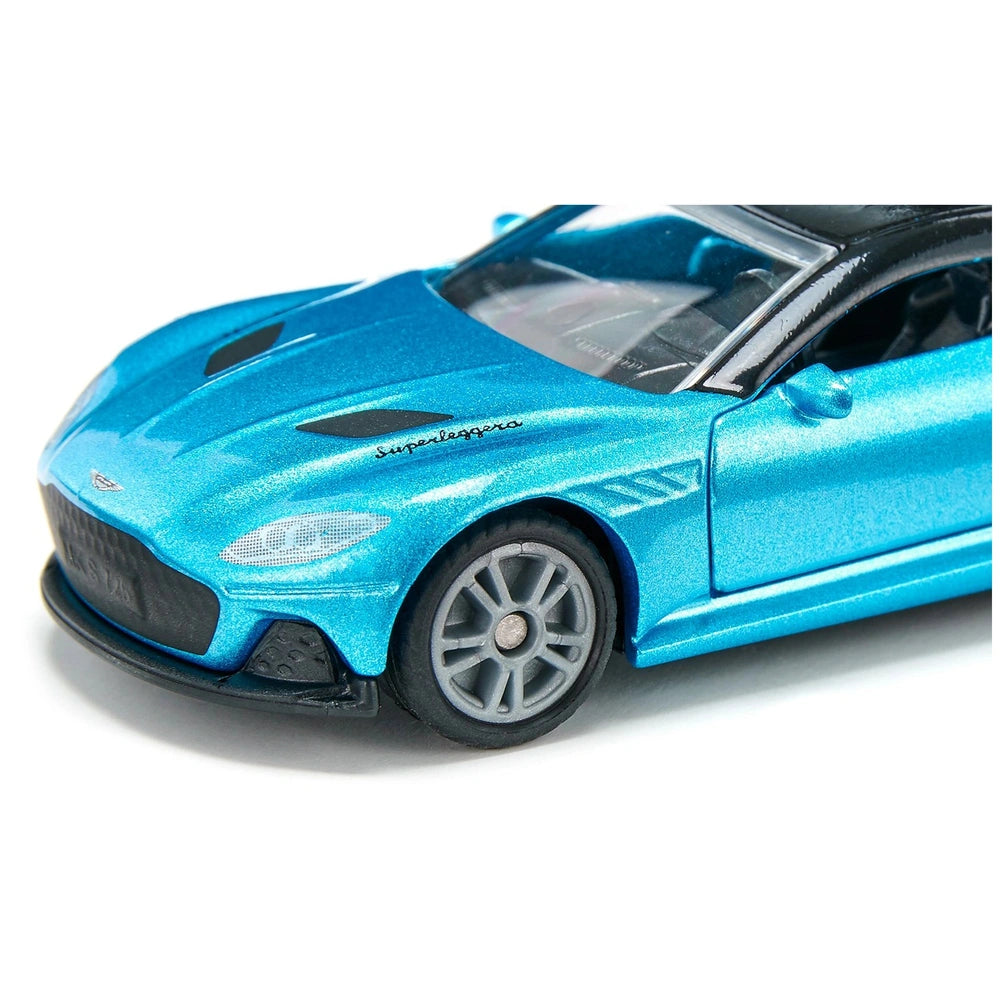 Aston Martin DBS Superleggera toy car in blue with black accents, featuring a glossy finish and sleek design.