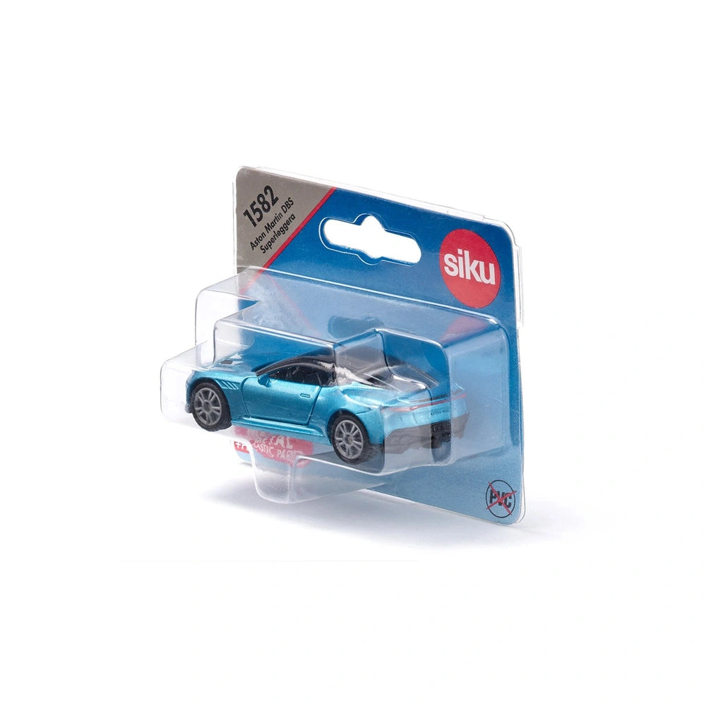 Siku Aston Martin DBS Superleggera toy car in blue with silver wheels, displayed in clear packaging against a blue background