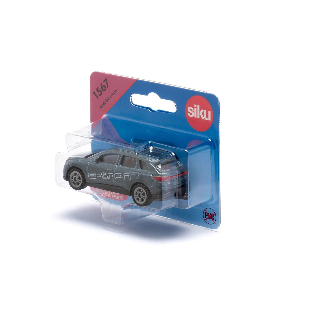 Siku Audi Q4 e-tron toy car model in gray with black wheels and red stripe, displayed in clear packaging with blue background