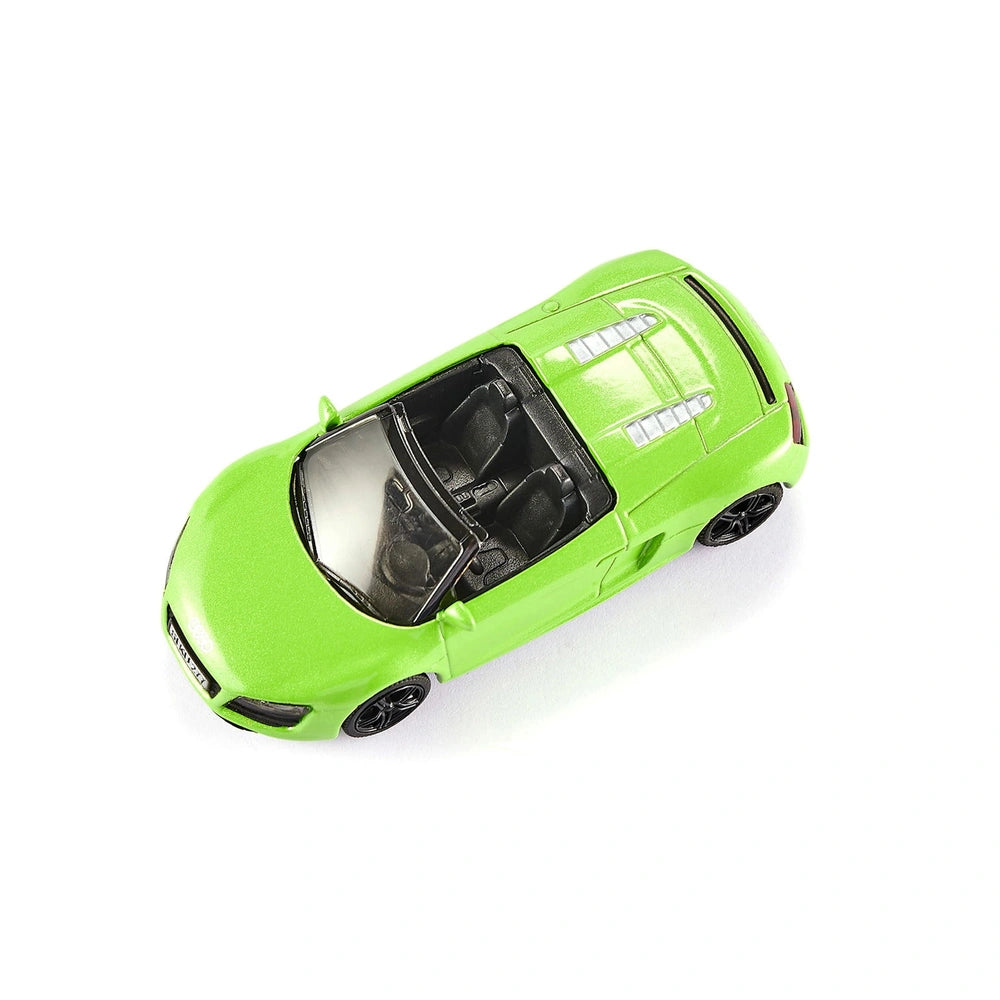 Siku Audi R8 Spyder toy car in vibrant lime green with a glossy finish, showcasing its sleek design and black wheels.