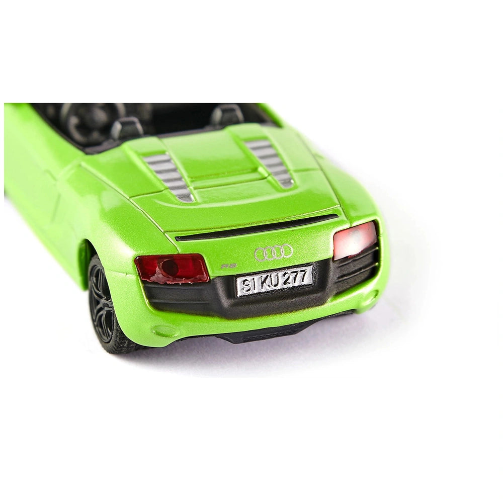 Siku Audi R8 Spyder toy car in bright green with black and silver accents, featuring a glossy finish and visible license plat