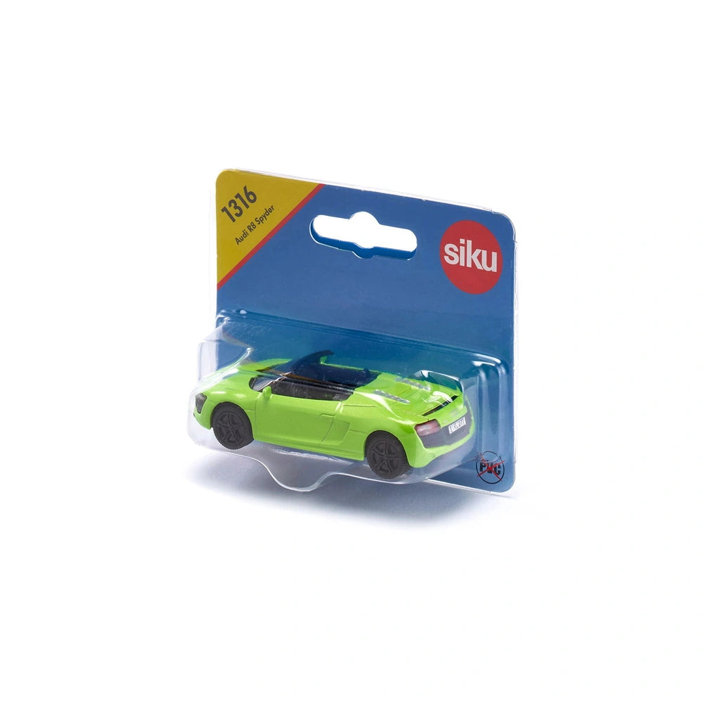 Siku Audi R8 Spyder toy car in green with black accents, displayed in clear packaging showcasing its sleek design.
