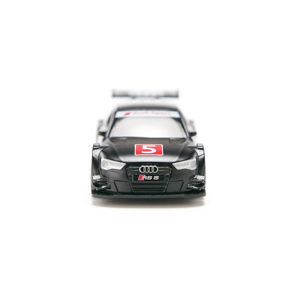 Siku Audi RS5 Racing model car in black with glossy finish, featuring the Audi logo and red number 5 on a light background.