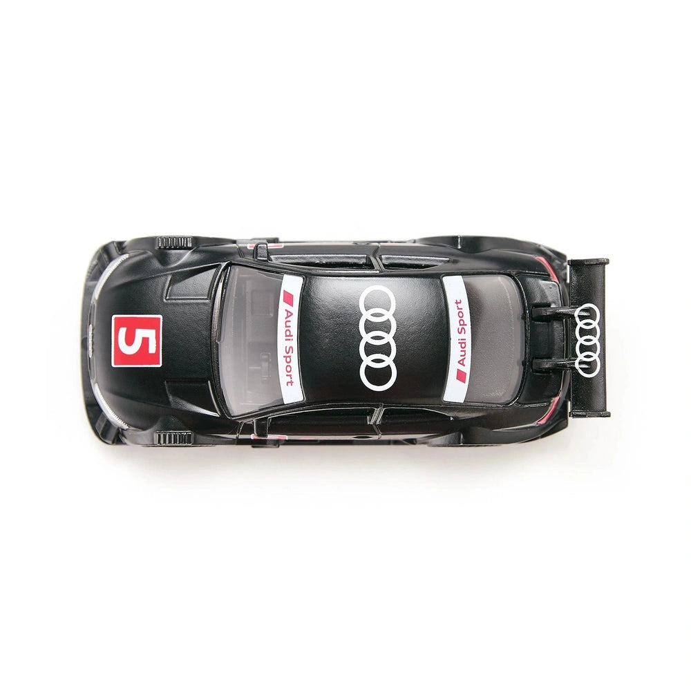 Siku Audi RS5 Racing model car in glossy black with white and red decals, showcasing a sleek design and reflective surfaces.