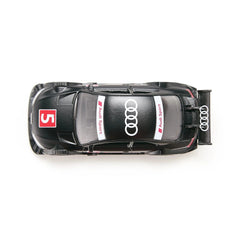 Siku Audi RS5 Racing model car in glossy black with white and red decals, showcasing a sleek design and reflective surfaces.