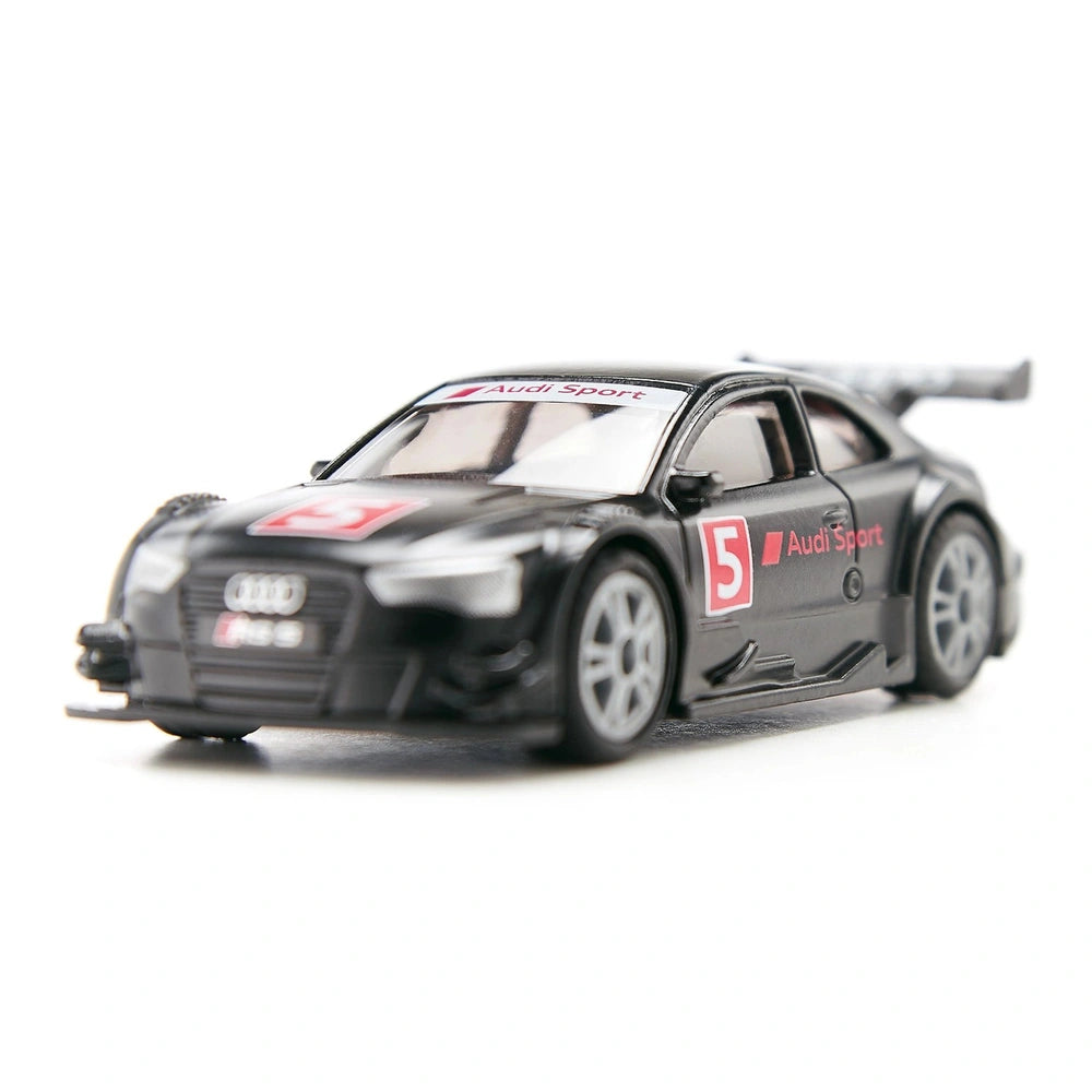 Audi RS5 Racing model in black with white and red accents, featuring a glossy finish and metallic wheels, displayed on a whit