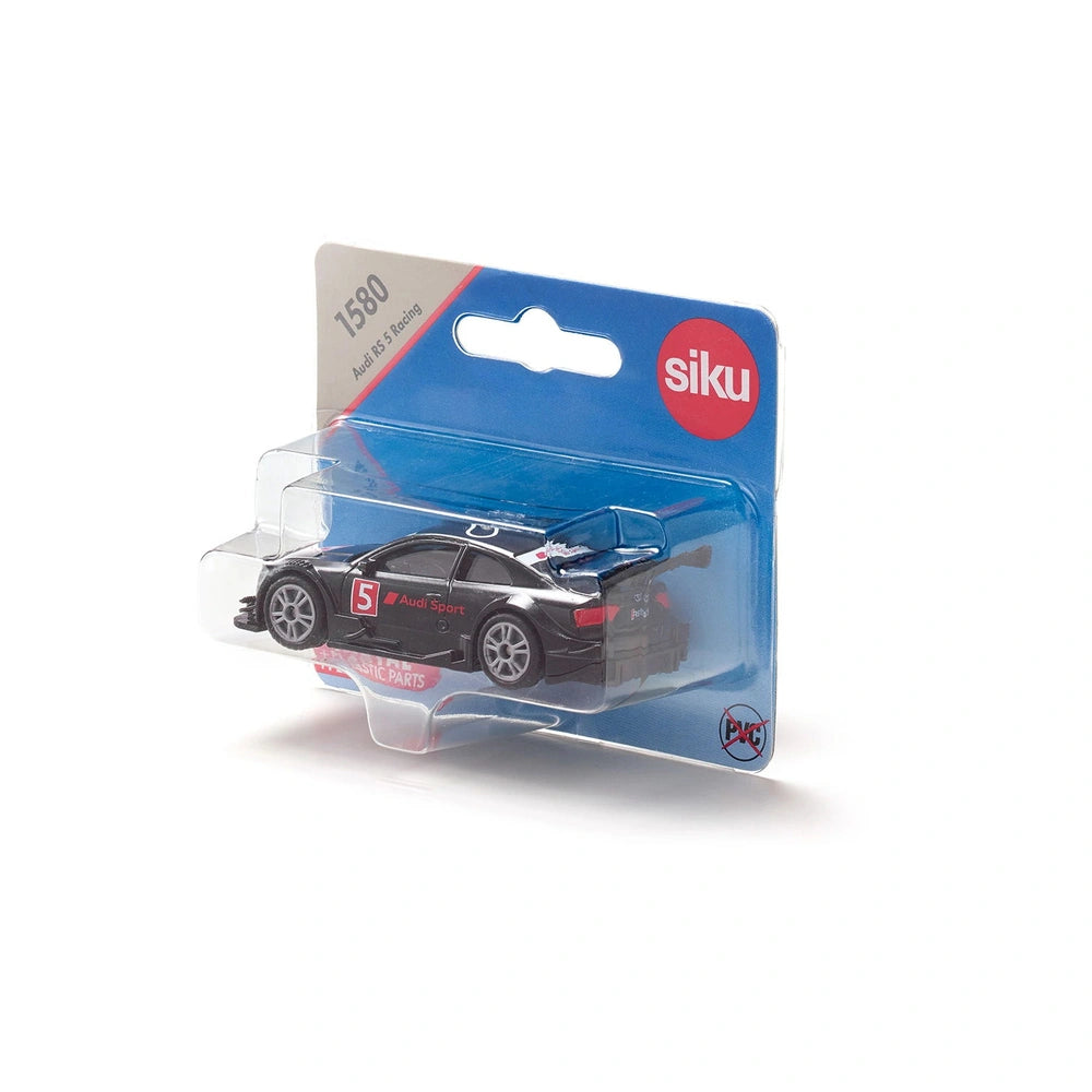 Audi RS5 Racing toy car model in black with red and white accents, displayed in a clear blister pack against a blue backgroun
