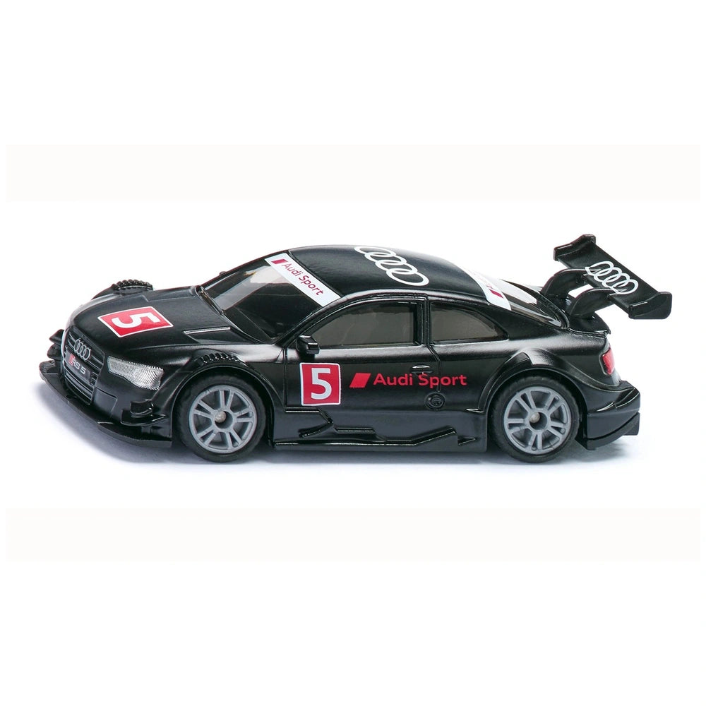 Siku Audi RS5 Racing model car in black with red and white accents, featuring a prominent spoiler and detailed design.