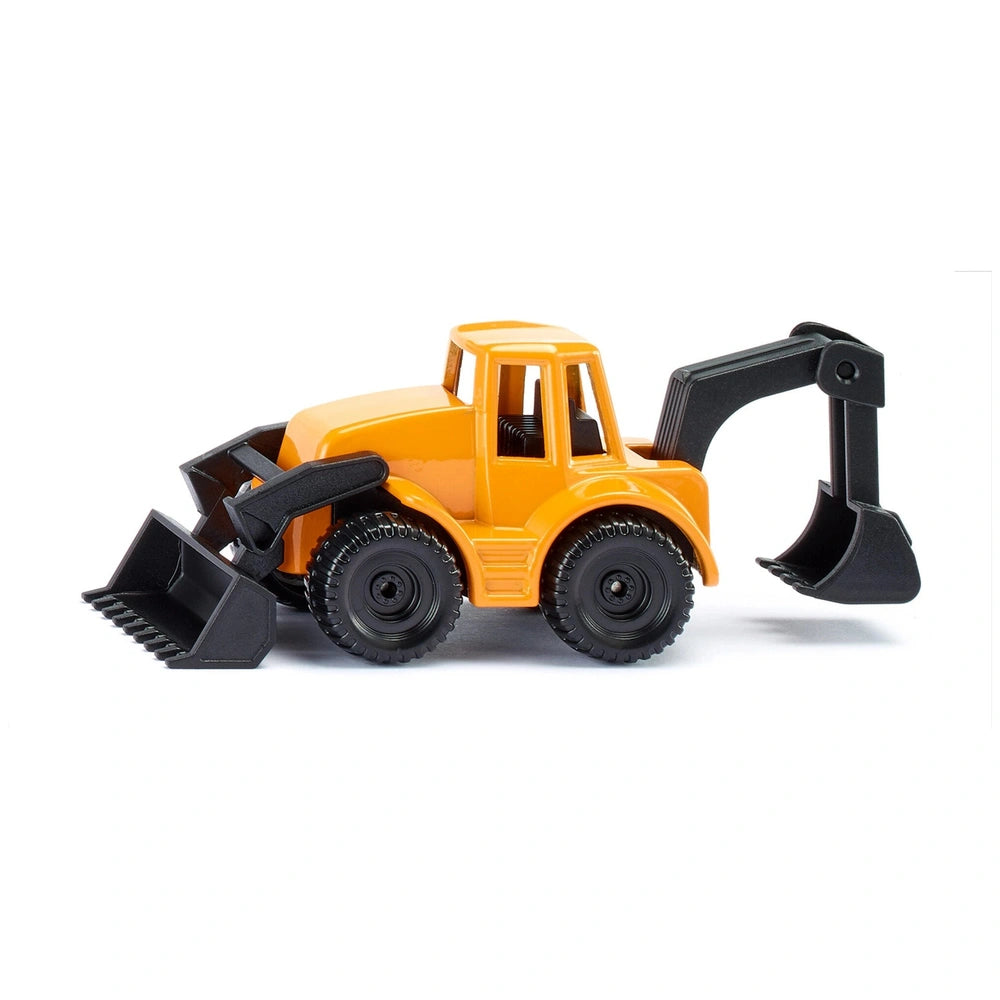 Siku backhoe loader toy in vibrant orange with black wheels, positioned centrally against a plain white background.